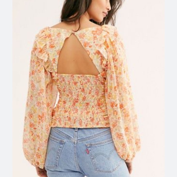 Free People Mabel Printed Blouse Spring Combo Orange Floral Print Peasant large - Picture 10 of 10